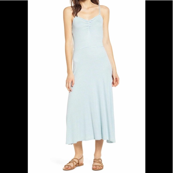 bp Dresses & Skirts - BP Ruched Rib Midi Blue White Stripe Dress XXS NWT